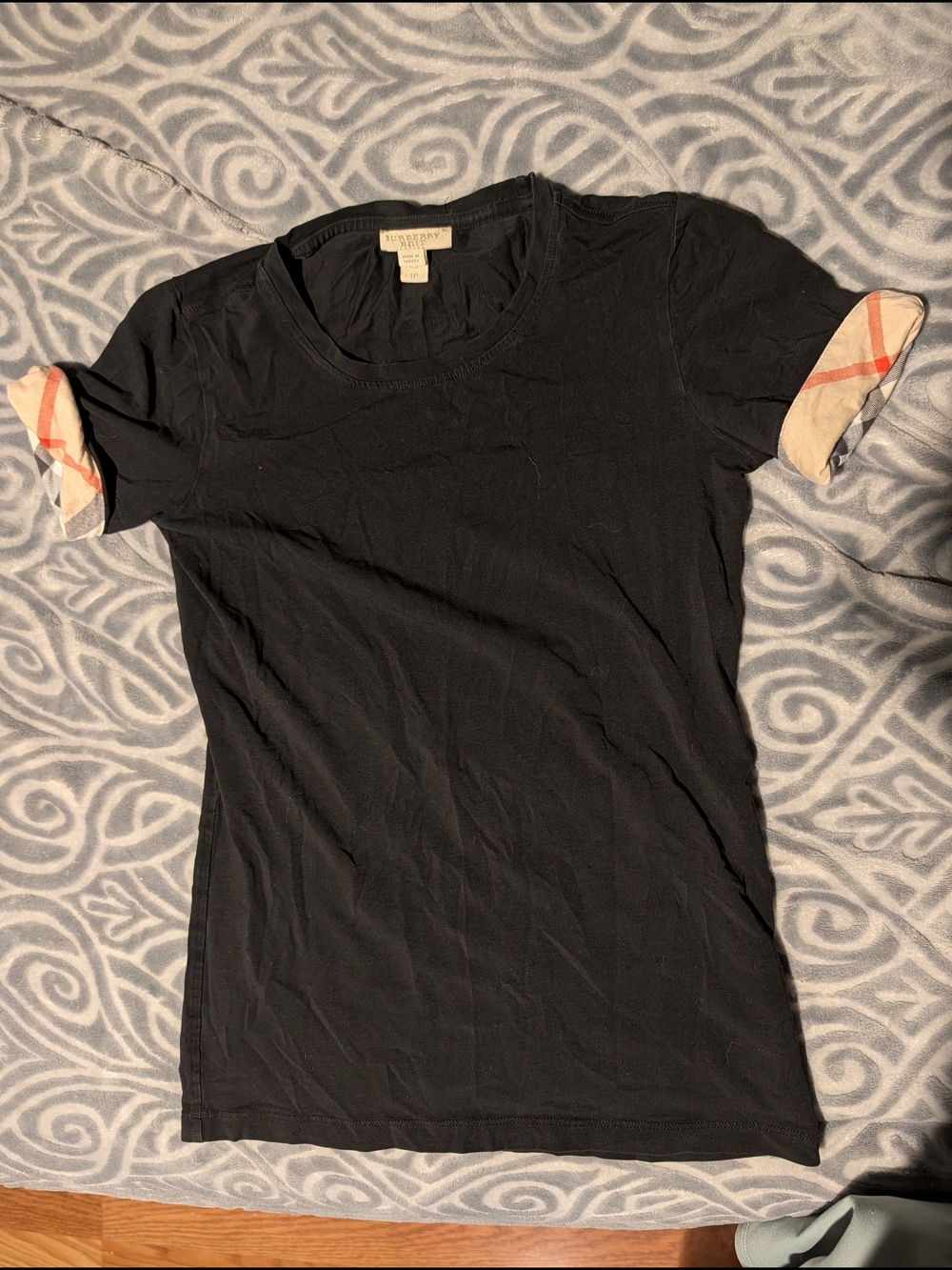 Burberry Black Short Sleeve Tee with Iconic Check Sleeve Trim